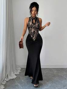 Rafferiza French Sexy Elegant Cheongsam-Collar Hollow-Out Lace Patchwork Black Dress, Suitable For Vacation, Evening Party, And Social Gathering Black Lace Dress Sexy Dinner Outfits Women Sexy Black Dress Women Black Sexy Dress Black See Through Dress Black Bodycon Dress Sexy Dinner Dress Valentine's Day Black Sexy Dress Women Slay Diva Dress Black Lace Evening Dress Slim Fit Black Dress See Through Black Dress - Black - View 5