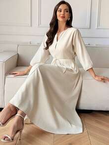 Vivie Lora Women's V-Neck Waist Cinched Midi Linen Dress, Vacation Style Sundress - White - View 1