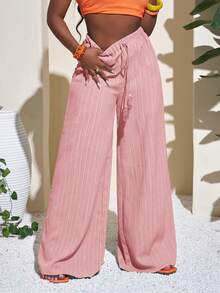 Slaydiva Quần dài nữ màu xanh lá cây họa tiết hình học ống rộng, thích hợp cho kỳ nghỉ, lễ hội/ngày lễ. - Hồng - Xem 7