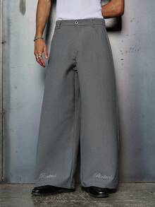 PAVTROS Men's Grey Loose Casual Wide Leg Pants, Embroidered Hem Design, Fashionable Straight Leg Trousers - Grey - View 5