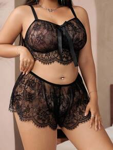 大码性感蕾丝边吊带背心+内裤两件套