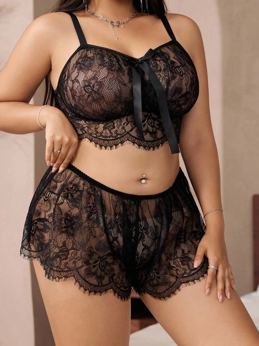 大码性感蕾丝边吊带背心+内裤两件套