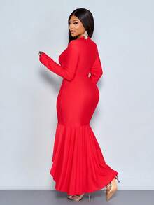 SOLERSUN Plus Size Red Autumn Elegant Satin Party Dress,Women's Deep V Neck Puff Sleeve High Elastic Pleated Ruffles Short Front Long Back Slit Long Dress - Red - View 6