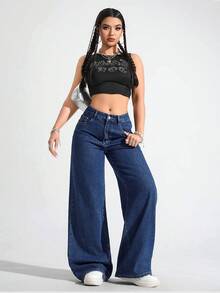SHEIN ICON 大码女式休闲度假贴袋宽松无弹直筒牛仔裤 - 深色水洗藍 - 查看 5