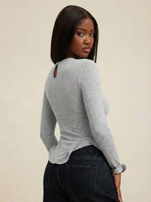 NYA SZN 女士纯色圆领长袖修身时尚上衣 - 灰色 - 查看 2