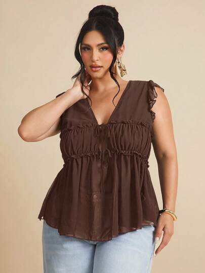 SHEIN BAE 1pc Women's Linen Sleeveless Casual Shirt With Button Decor, Suitable For Brunch, Outgoing, Date, Commute, Cruise Outfits