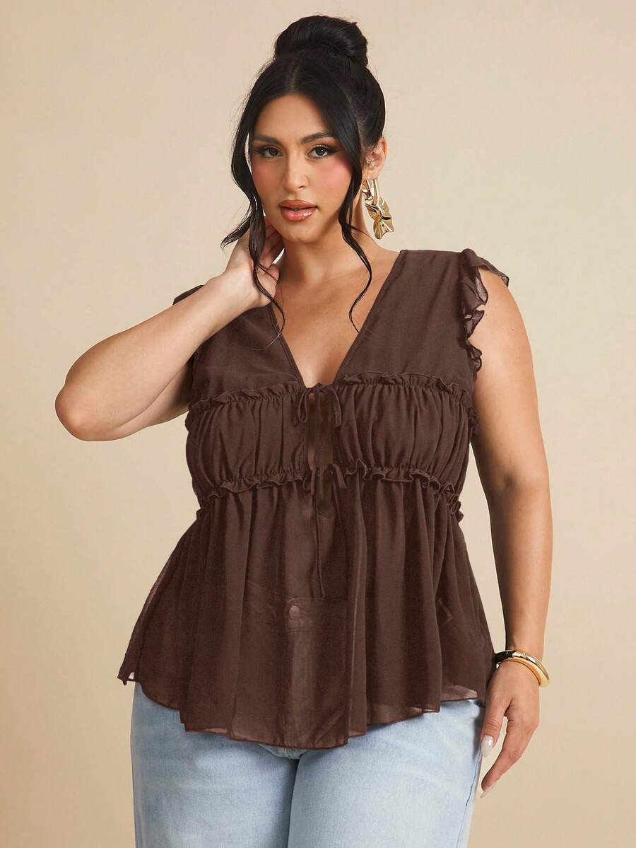 SHEIN BAE 1 chiếc áo nữ cỡ lớn không tay bằng vải lanh, kiểu dáng thường ngày, có cúc trang trí, thích hợp cho bữa ăn trưa, đi chơi, hẹn hò, đi làm, đi du thuyền. - Cà phê nâu - Xem 1