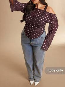 SHEIN BAE Top de Manga Longa Assimétrica Marrom Plus Size para Mulheres, Top Marrom com Bolinhas 2 em 1, Elegante para Festa de Formatura, Natal, Ano Novo, Festa Elegante