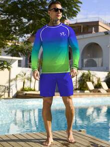 Manfinity KASUA 男士圆领插肩袖渐变色休闲舒适透气长袖冲浪T恤 - 水鴨藍 - 查看 5