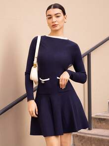 Andrea Bello Navy Blue Round Neck, Contrast Trim Pocket, Pleated Hem Short Dress, Elegant & Modern Navy Dress Dark Blue Dress Skirt Dress Navy Pleated Dress Fit And Flare Dress Fall Women Clothes Navy Skater Dress Fit And Flare Navy Dress,Fall Clothes For Women Party Outfit Christmas Party Dress Autumn Outfits For Women Elegant Dress Women Women's Winter Clothes - Navy Blue - View 5