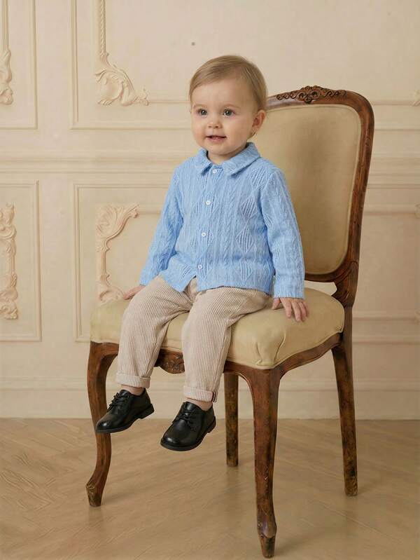 PrepCrw 1pc Baby Boys Elegant Urban Cute Versatile Light Blue Collar Long Sleeve Shirt And White Long Pants Gentleman Outfit Set, Suitable For Casual Daily, Outings, Gatherings, Autumn And Winter