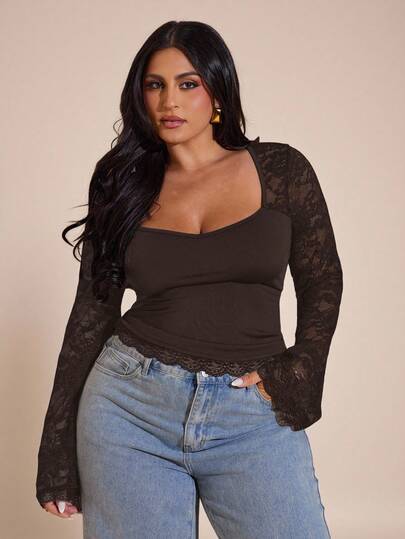 SHEIN BAE Plus Size Women Lace Patchwork Long Sleeve Top/Winter
