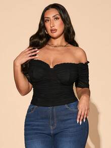 SHEIN BAE Plus Size Women's Black Ruched Short Sleeve Top,Graduation - Black - View 5