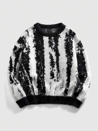 Men's Crew Neck Chinese Ink Painting Style Knitted Sweater, Retro