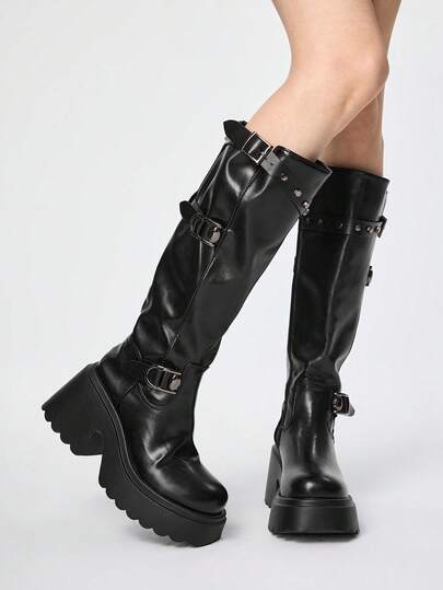 ROMWE Grunge Punk 女士朋克暗黑风PU圆头厚底高跟长靴，时尚百搭骑马靴，显瘦皮带扣小码正装靴，2025秋冬新款