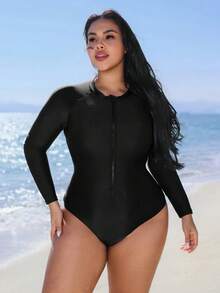 Swim SPRTY 大码女士连体防晒泳衣，高领长袖修身显瘦，后背交叉系带，时尚性感运动度假风泳装