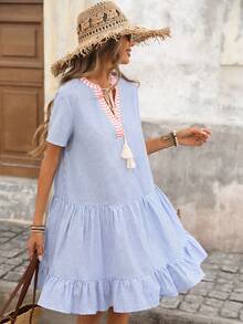 Brillora 女士V领拼接流苏绳A字纹理休闲条纹连衣裙，适合春夏户外度假穿着 - 藍白色 - 查看 6