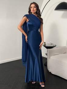 Modelyn 单肩褶皱侧边垂褶缎面正式礼服 - 藏蓝色 - 查看 2