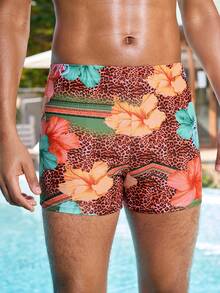 Manfinity VDAYZ Men's Beach Vacation Leopard & Floral Print Swim Trunks - Red - View 2