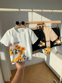 SHEIN Conjunto de 4 piezas de camiseta y pantalones cortos con estampado de tigre lindo para niño pequeño - Multicolor - Ver 8