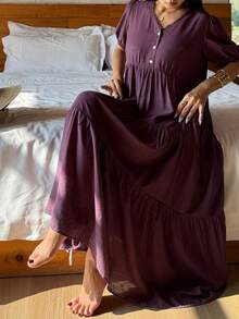 DAZY 女士半拉链泡泡袖长款连衣裙家居服 - 紫色 - 查看 3