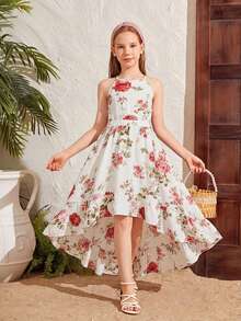 SHEIN Serisse Kids Tween Girl Backless Floral Print Sleeveless Vacation Dress - Beige - View 6