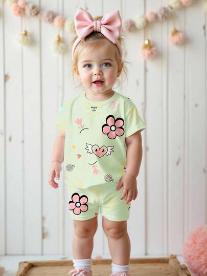 Cute Graffiti Smiling Face Flower Heart Print, Baby Girl Casual Loose Round Neck Short Sleeve T-Shirt And Tight Shorts Set, Suitable For Spring/Summer Vacation