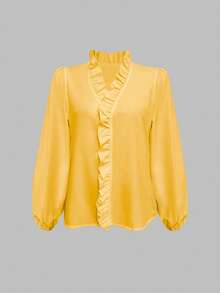 EMERY ROSE 女士休闲纯色简约荷叶边衬衫 - 黃色 - 查看 3