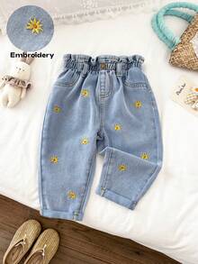 LMoss Kids 女婴黄色雏菊刺绣蓝色牛仔胡萝卜裤 - 淺色水洗藍 - 查看 2