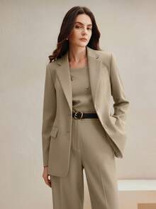 Anewsta 2pcs Women's Suit Set, Vintage Style Blazer Jacket & Straight Leg Pants, Maillard Color - Khaki - View 4