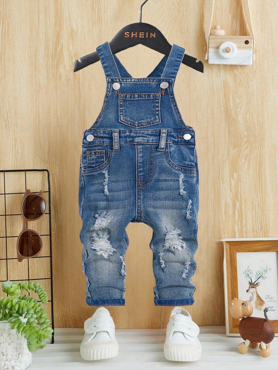 SHEIN 幼儿/男婴休闲做旧复古水洗破洞磨边高弹修身蓝色牛仔背带连体裤,休闲百搭,适合宝宝秋冬户外穿着 - 藍色 - 查看 1