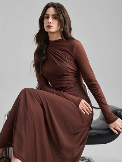 Ontre Women's Solid Color Stand Collar Pleated Design Slim Fit Long Sleeve Dress, Urban Chic Business Casual Elegant Versatile Dress For Daily Wear, Party, Formal Occasions, Summer