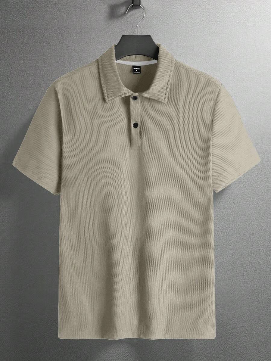 Manfinity Homme Men's Solid Color Textured Fabric Short Sleeve Polo Shirt,Khaki Summer Casual Vacation Everyday Wear Office Commute Buttoned Golf Shirt - Grey - View 1