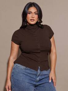 SHEIN BAE Plus Size Women Short Sleeve Crew Neck Cardigan Top/Winter - Coffee Brown - View 3
