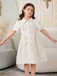 Girls' White Summer Princess Dress,Traditional Sequin Textured Fabric,Pearl Buttons&3D Floral,Collared Puff Sleeve Wedding Birthday Party Silhouette - White - View 3