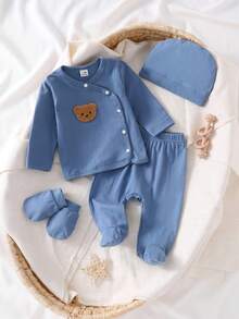 Newborn Baby Gray & Blue Solid Bear Pattern Top, Footed Pants, Hat & Mittens Set - Dusty Blue - View 7