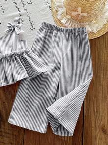 SHEIN LMoss Kids Conjunto de top de tirantes y pantalones de cintura elástica a rayas verdes lindos para bebé niña en verano - Verde - Ver 6