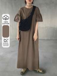 FRIFUL Vestido largo casual y versátil de algodón 100% de unicolor, cuello redondo, con pliegues y corte recto holgado