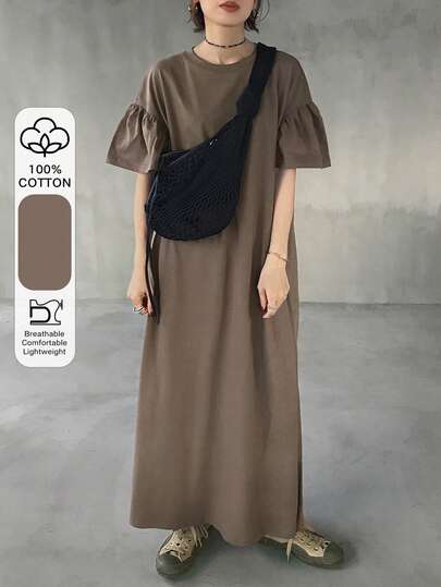 FRIFUL 100% Cotton Solid Color Round Neck Splice Pleated Straight Loose Casual Versatile Long Dress Maxi Dress