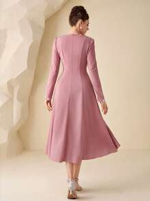 Modelyn Women's Spring/Summer Knitted Pink Long Sleeve Bubble Pearl 2 In 1 Cinched Waist A-Line Elegant DressElegant Pink Peter Pan Collar Pearl Detail A Line Midi Dress With Puff Long SleevesWomen's Sophisticated Dull Pink Pearl Embellished Peter Pan Collar Long Puff Sleeve A Line Midi Dress - Pink - View 2