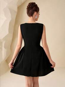 Modelyn Women's Black Knit Bubble Pearl Waist A-Line Sleeveless Elegant Dress, Spring/Summer - Black - View 2