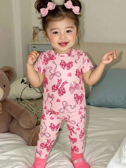 SHEIN 2pcs Baby Girl Casual Cute Bow Knit Short Sleeve T-Shirt And Elastic Waist Pants Set