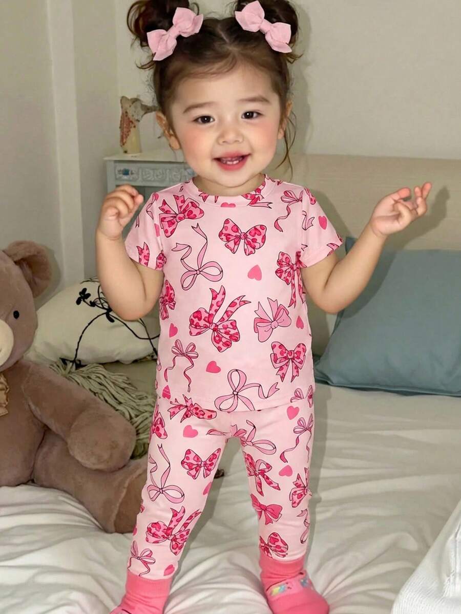 SHEIN 2pcs Baby Girl Casual Cute Bow Knit Short Sleeve T-Shirt And Elastic Waist Pants Set