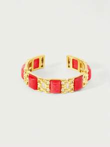 Glisma 1 Pc 18 K Gold Plated Stainless Steel Hollow Bamboo Bangle Bracelet, Natural Stone Decor, High-End Jewelry Gift For Friends,Outfits, Old Money,Metallic/Texture,Gemstone,For Mom/Women/Girl/Mother,Premium,Vintage,Classy Old Money,Outfits,Classy,Metallic/Texture,Vintage,Elegant,For Mom/Women/Girl/Mother,Gemstone,Heart,Valentine's Day,Gold,Easter,Travel/Beach/Vacation,Boho,Grunge - Yellow Gold - View 2
