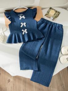 SHEIN Vintaside Kids Young Girls Sweet Cherry Pattern Cap Sleeve Top And Pants Casual  Set - Blue - View 5