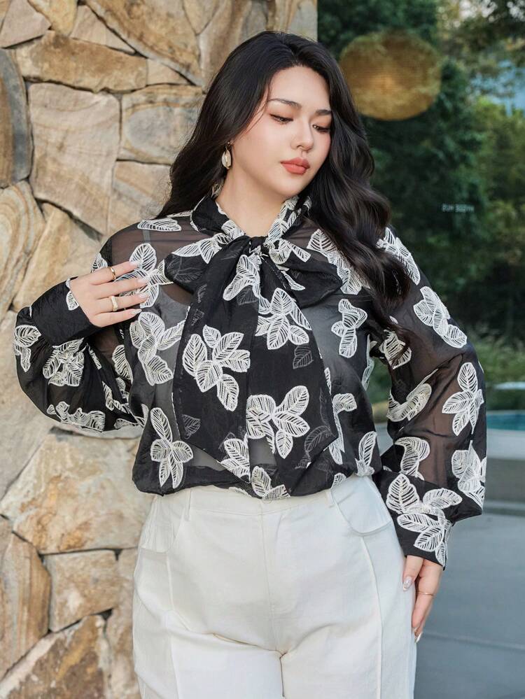 Dazy Plus Elegant Lace Mesh Floral Print Long Sleeve Pullover Blouse, Casual & Fashionable