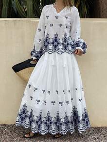DAZY 女士度假风花卉刺绣流苏系领灯笼袖衬衫和半裙休闲两件套 - 白色 - 查看 5