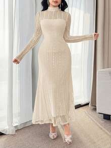 Modelyn Vestido de línea A de manga larga y encaje elegante para mujer - Albaricoque - Ver 4