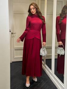 Modelyn فستان طويل أنيق بلون البرغندي لحفلات الشرق الأوسط الرسمية والمآدب - عنابي اللون - مشاهدة 3