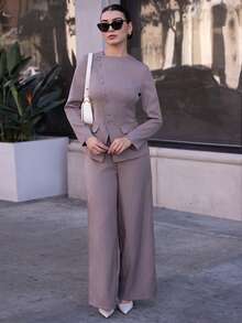 Andrea Bello 女士优雅通勤日常百搭街头时尚新款不对称翻领纽扣腰长袖西装外套和高腰裤卡其灰色两件套西装套装，秋冬 - 灰色 - 查看 6